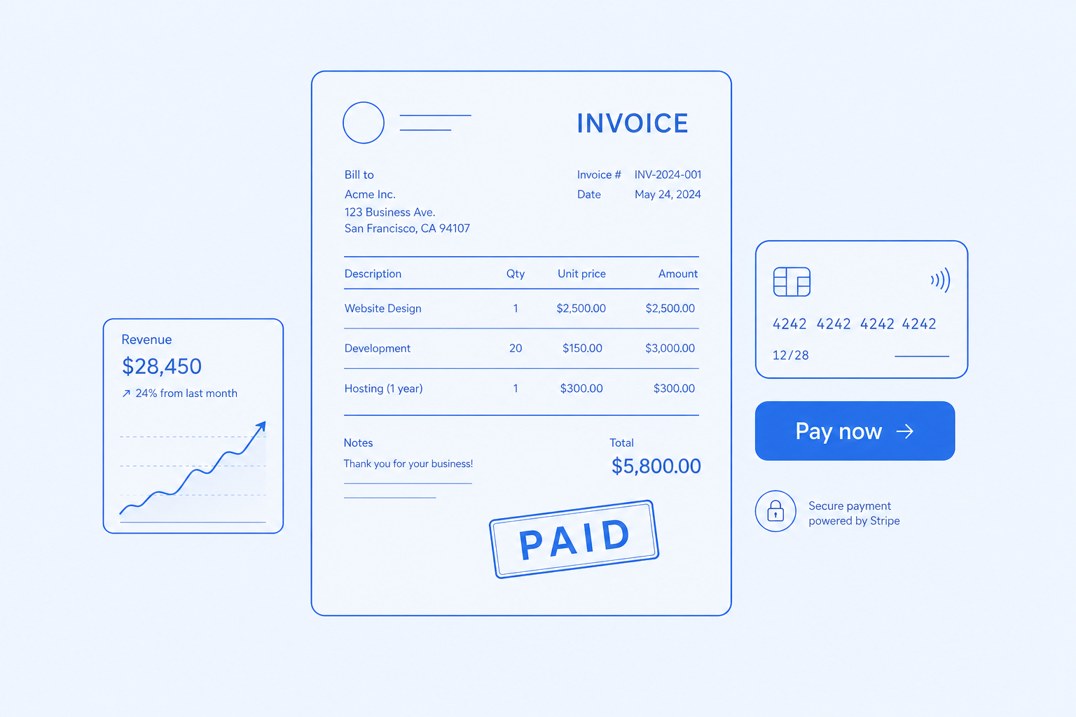 Sales — invoices, estimates, receipts, credits — Get paid faster, with online payment built in.