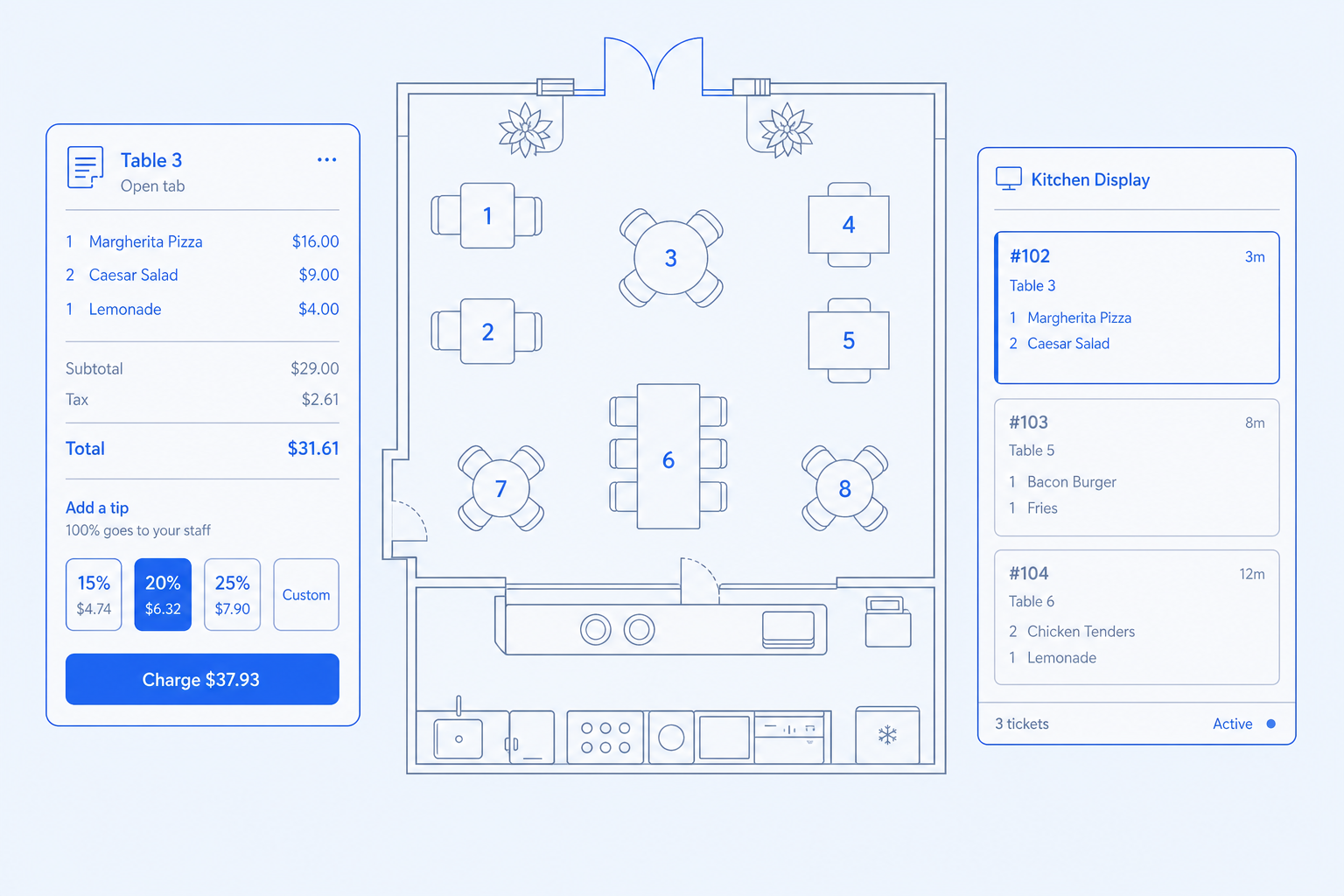 Restaurant POS — Tables, tabs, and tips without a separate vendor.